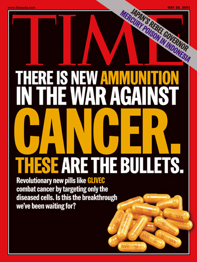 Yellow capsules of the medicine Gleevec, symbolizing ammunition to fight the war on cancer.