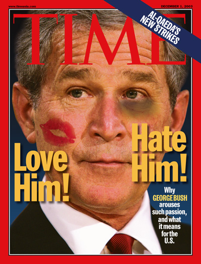 A photo illustration showing George W. Bush with lipstick on his cheek and a black eye.