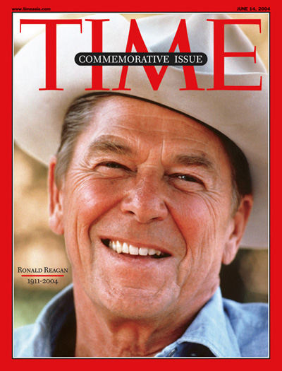 Close up photo of Ronald Reagan wearing cowboy hat.