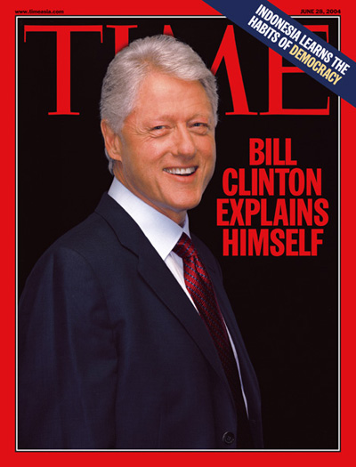 Portrait of Bill Clinton on a black background.