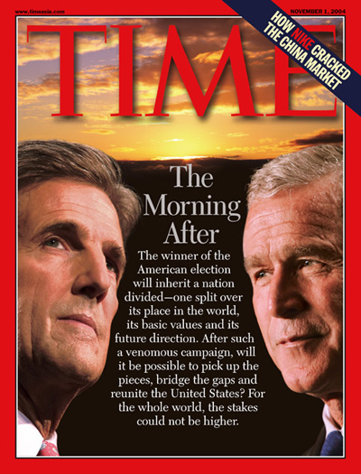 An illustration showing two inset pictures of John Kerry and George W. Bush with a sunset behind them.