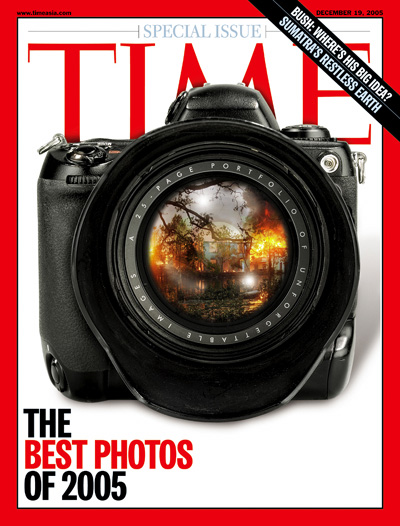 Photo illustration of a camera with an image of Hurrican Katrina superimposed onto the lens.