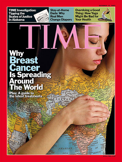 Photo of a woman performing self breast examination with a map of the world superimposed on her body.