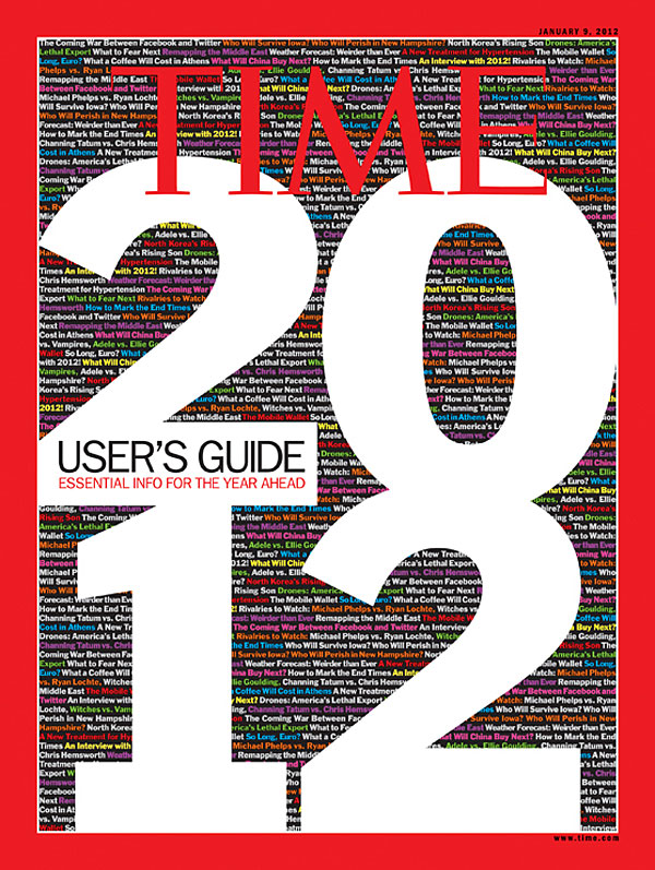 Graphic of 2012: User's Guide with various news headlines in the background