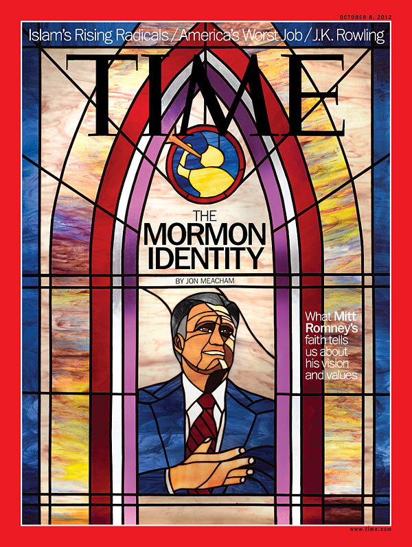 Portrait of Mitt Romney in stained glass