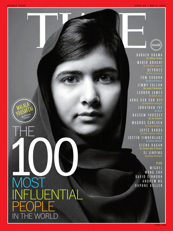 b/w photograph of Malala Yousafzai