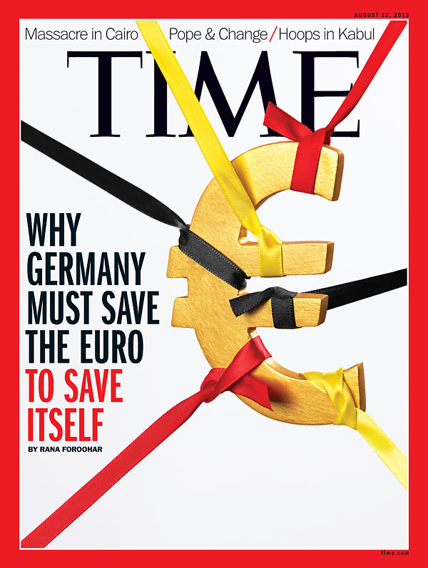 Euro symbol suspended by German Flag-colored ribbon
