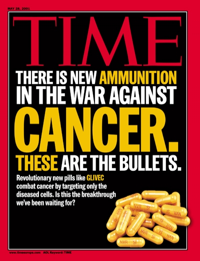 Yellow capsules of the medicine Gleevec, symbolizing ammunition to fight the war on cancer.