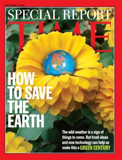A photo illustration of a flower with a globe of the earth in the center.