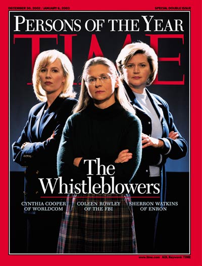 A photograph of The Whistleblowers: (L-R) Cynthia Cooper Worldcom, Coleen Rowley FBI, Sherron Watkins Enron.