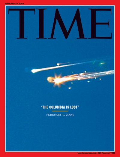 Photo of space shuttle Columbia disintegrating.