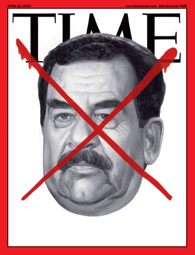 An illustration of Saddam Hussein with a red x over his face