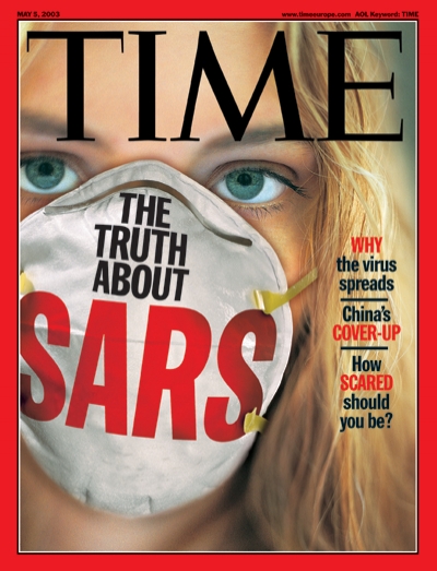 Photo illustration of a woman wearing a mask to protect against SARS.