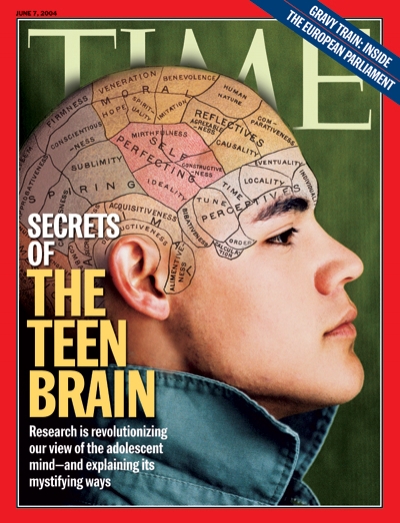 A picture of a teen aged boy with a diagram drawn on his bald head.