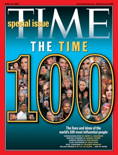Illustration of the number 100 with faces of the world's most influential people inside the numbers.
