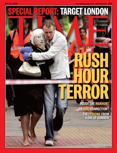 Picture of a man and woman at the site of the July 7, 2005 London terror bombings.