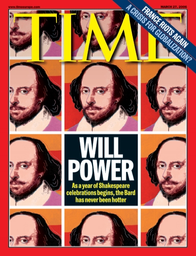 An illustration featuring a grid of images of William Shakespeare
