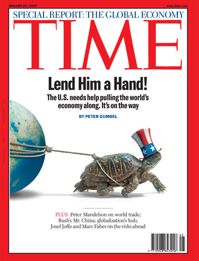 A photo illustration showing a turtle with an american flag hat on pulling the globe behind him.