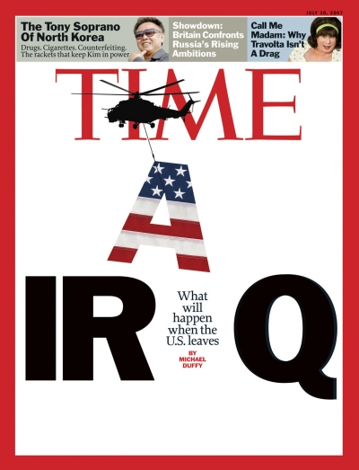 The word Iraq with the letter A as an American flag being carried away by a silhouette of a helicopter