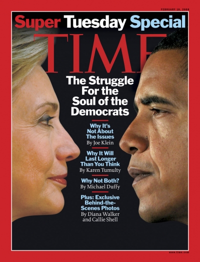 Profile photos of Hillary Clinton and Barack Obama facing each other
