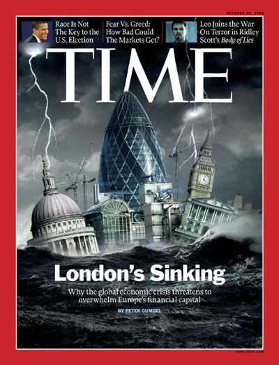 A picture depicting London in a turbulent sea.