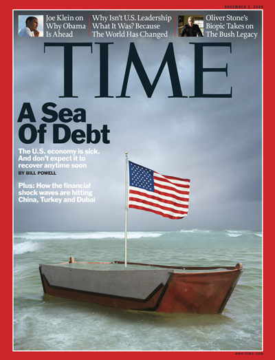 A boat with a U.S. Flag is adrift at sea.