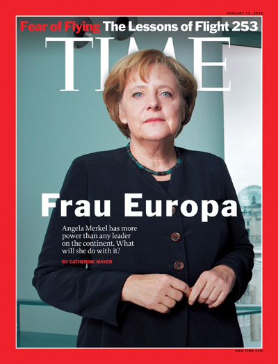 A portrait of Angela Merkel.