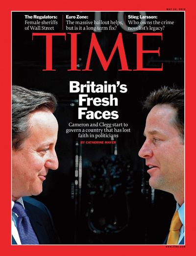 A photo of Nick Clegg and David Cameron talking.