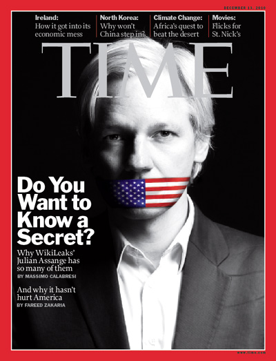 photo-illustration of Julian Assange gagged with a U.S. flag