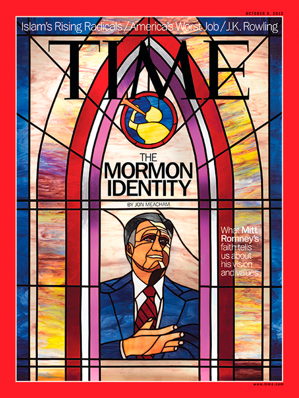 Portrait of Mitt Romney in stained glass