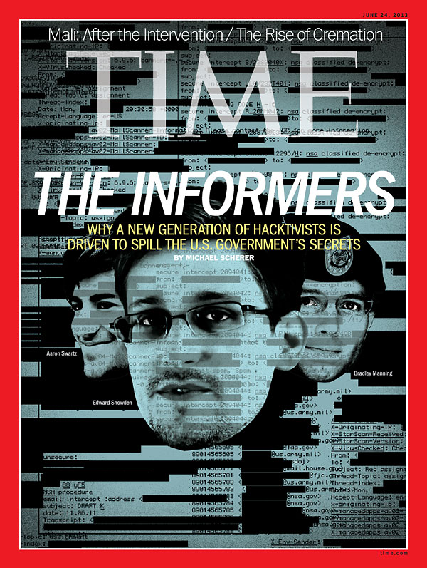 A photo-illustration of the heads of Edward Snowden, Bradley Manning and Aaron Swartz