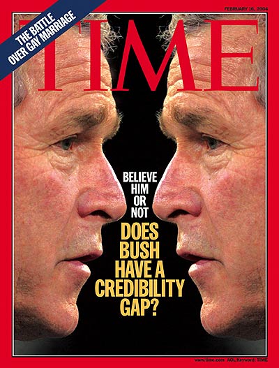 Two photos of George W. Bush facing each other.