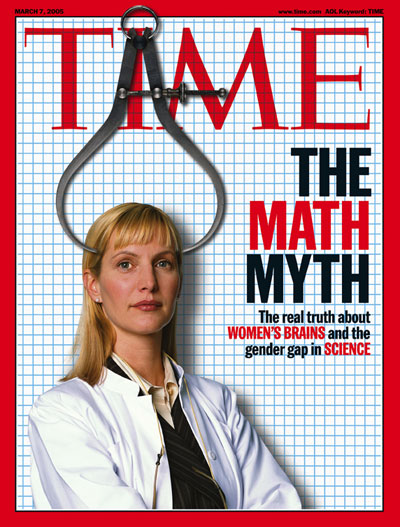 A photo of a woman wearing a lab coat and with a pair of calipers superimposed over her head.
