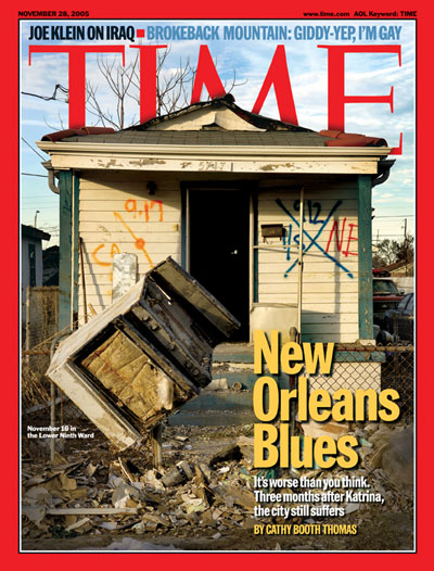 A photo of a house damaged by Hurricane Katrina.