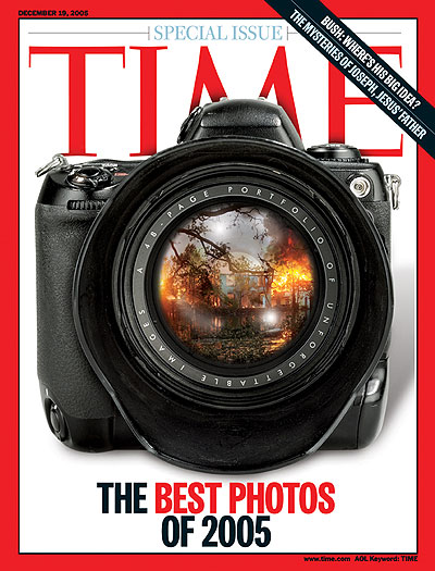A photo of a battered camera with an image from Hurricane Katrina superimposed on the lens.