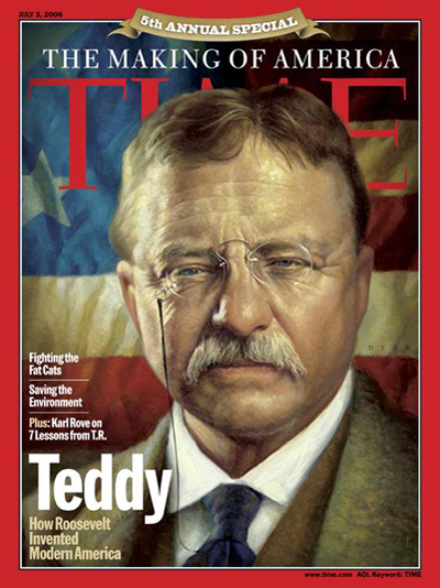 A painted portrait of Teddy Roosevelt.