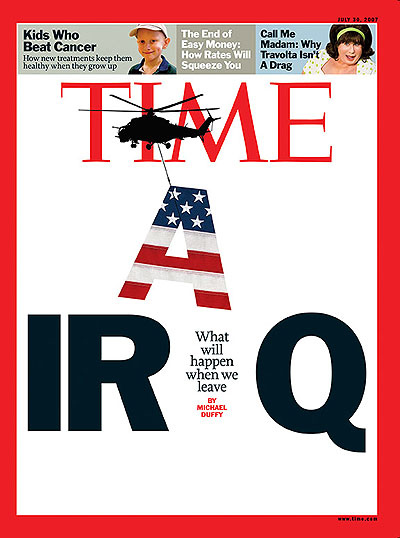 The word IRAQ with the capital A as an American flag being carried away by a silhouette of a helicopter. Photo-Illustration for TIME by Arthur Hochstein. Helicopter by Piotr Przeszlo/Shutterstock