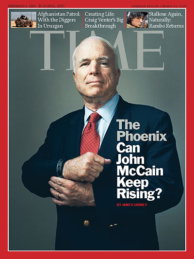 Portrait of John McCain from waist up holding his right wristband