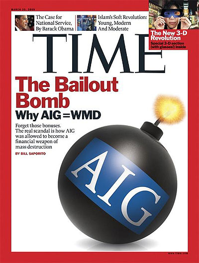 A lit bomb with AIG's logo on it.