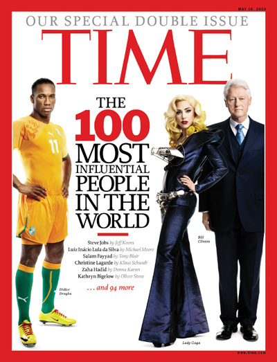 A photomontage of Didier Drogba, Lady Gaga and Bill Clinton.