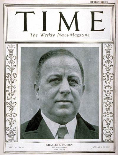 TIME Magazine Cover: Charles B. Warren -- Jan. 26, 1925