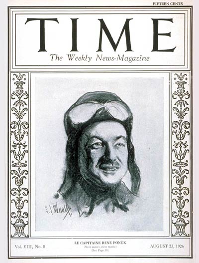 TIME Magazine Cover: Captain René Fonck -- Aug. 23, 1926