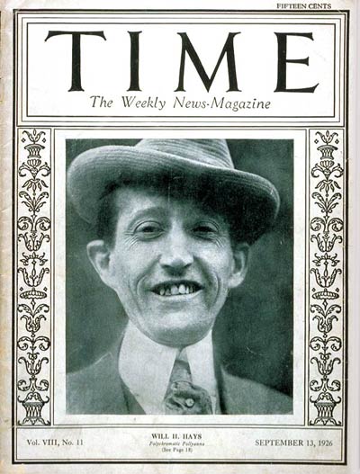 TIME Magazine Cover: Will H. Hays -- Sep. 13, 1926