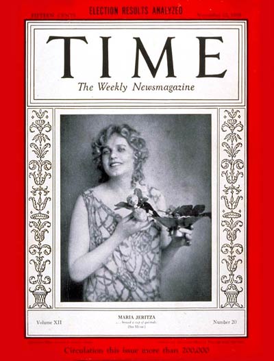 TIME Magazine Cover: Maria Jeritza -- Nov. 12, 1928