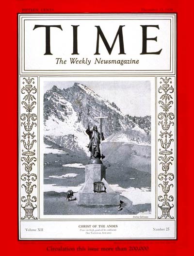 TIME Magazine Cover: Christ of the Andes -- Dec. 17, 1928