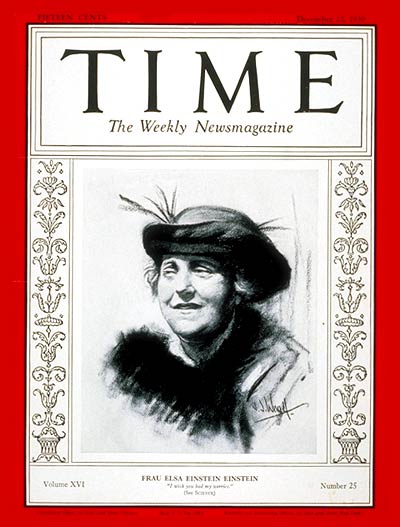 TIME Magazine Cover: Mrs. Albert Einstein -- Dec. 22, 1930