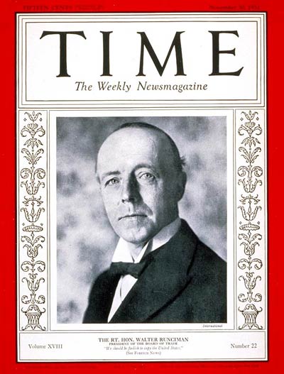 TIME Magazine Cover: Walter Runciman -- Nov. 30, 1931