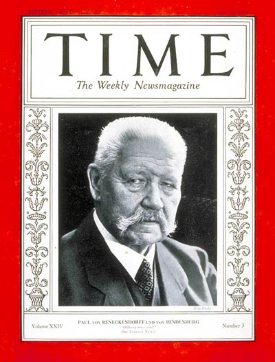 TIME Magazine Cover: Paul von Hindenburg -- July 16, 1934