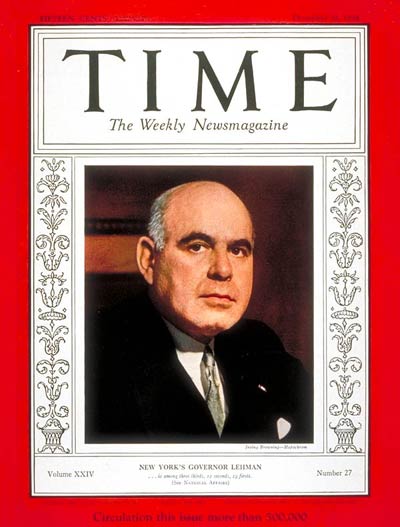 TIME Magazine Cover: Herbert H. Lehman -- Dec. 31, 1934