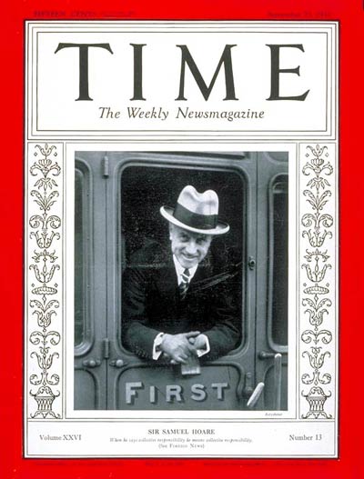 TIME Magazine Cover: Sir Samuel Hoare -- Sep. 23, 1935